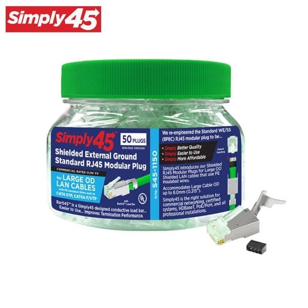 Standard Cat6/6a STP External Ground RJ45 Modular Plugs with BarS45 Green Tint, Hi/Lo Stagger - 50pc